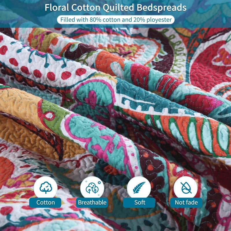 Qucover Cotton Quilt Set, Queen Size, Multicolor Paisley, Boho Style, Soft Lightweight Coverlet with 2 Pillow Shams, 90x98 Inches - Image 4
